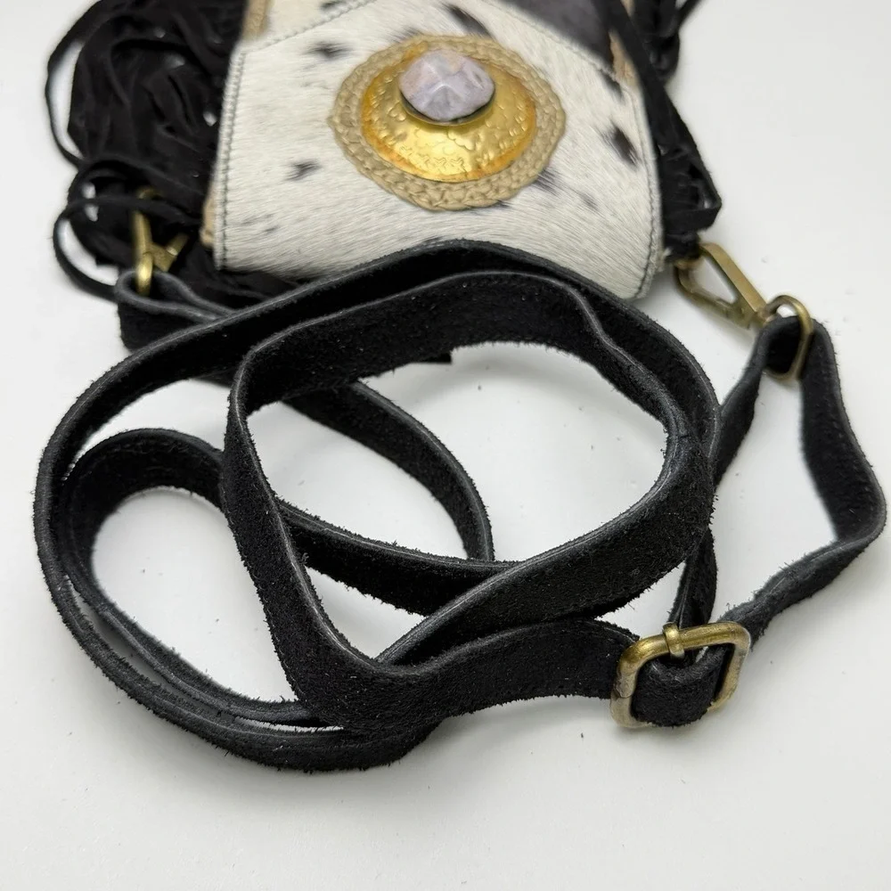 Genuine Hair-On Cowhide Fringe Crossbody & Belt Bag Black White Western Concho